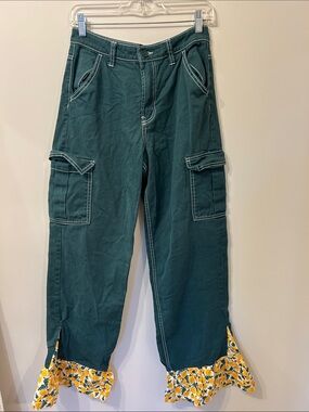 Divided Women's Teal Cargo Jeans with Yellow Floral Ruffle Hem